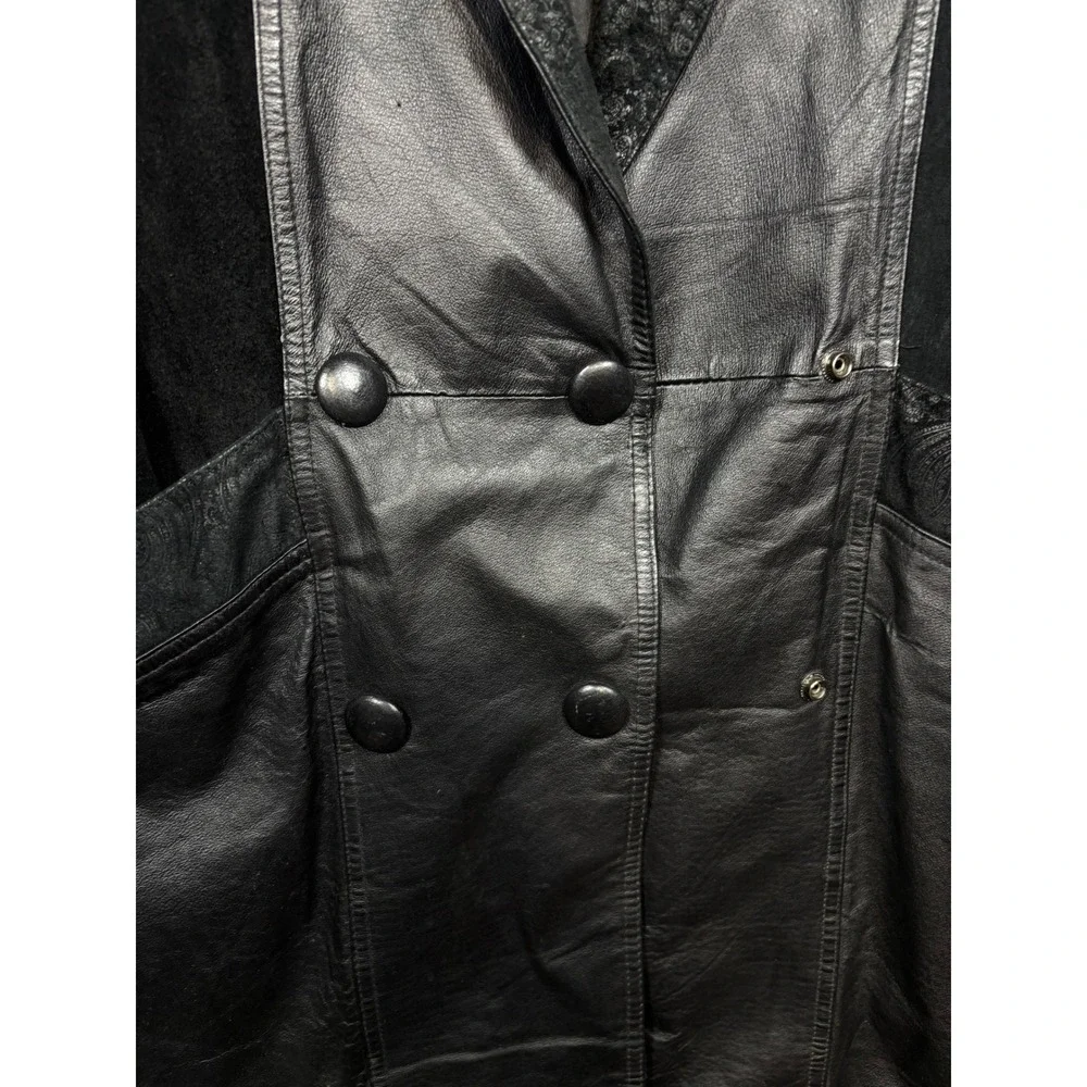 Vtg G-III Black Leather Coat‎ Womens M Suede Paisley Trench Duster Jacket